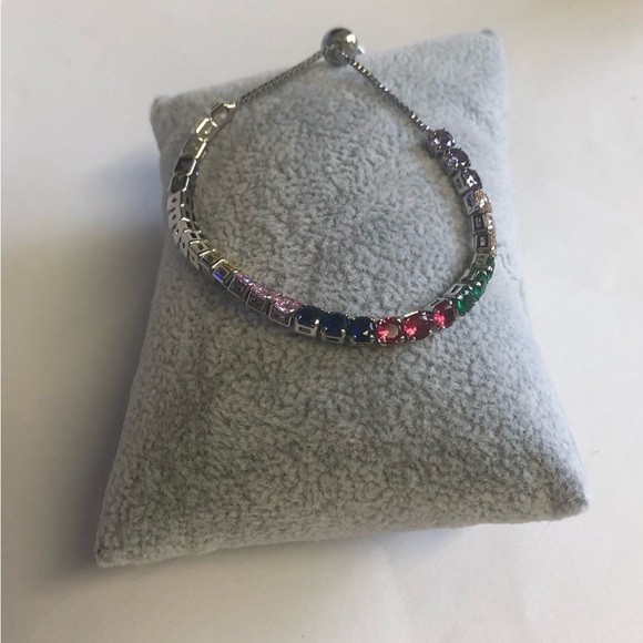 NEW Pretty Bird Adj 18k White Gold Plated Multicolor Lariat Tennis Bracelet - Picture 2 of 6
